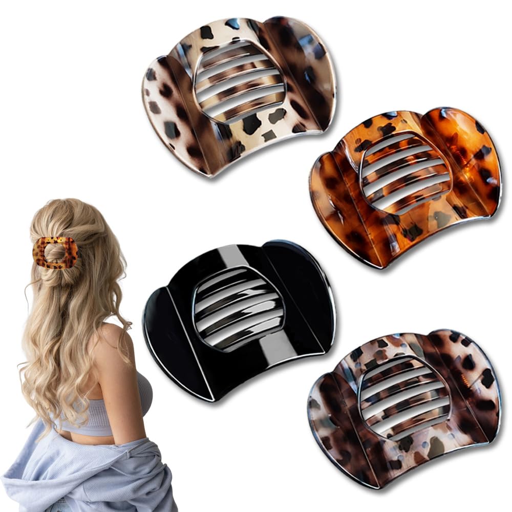 Kpeuuef 4 PCS Flat Hair ClipsTortoise Strong Hold Hair Claw Clips for Thick Thin Hair Round Lay Down Flat Claw Clip No Slip French Hair Barrettes Hair Clip for Women