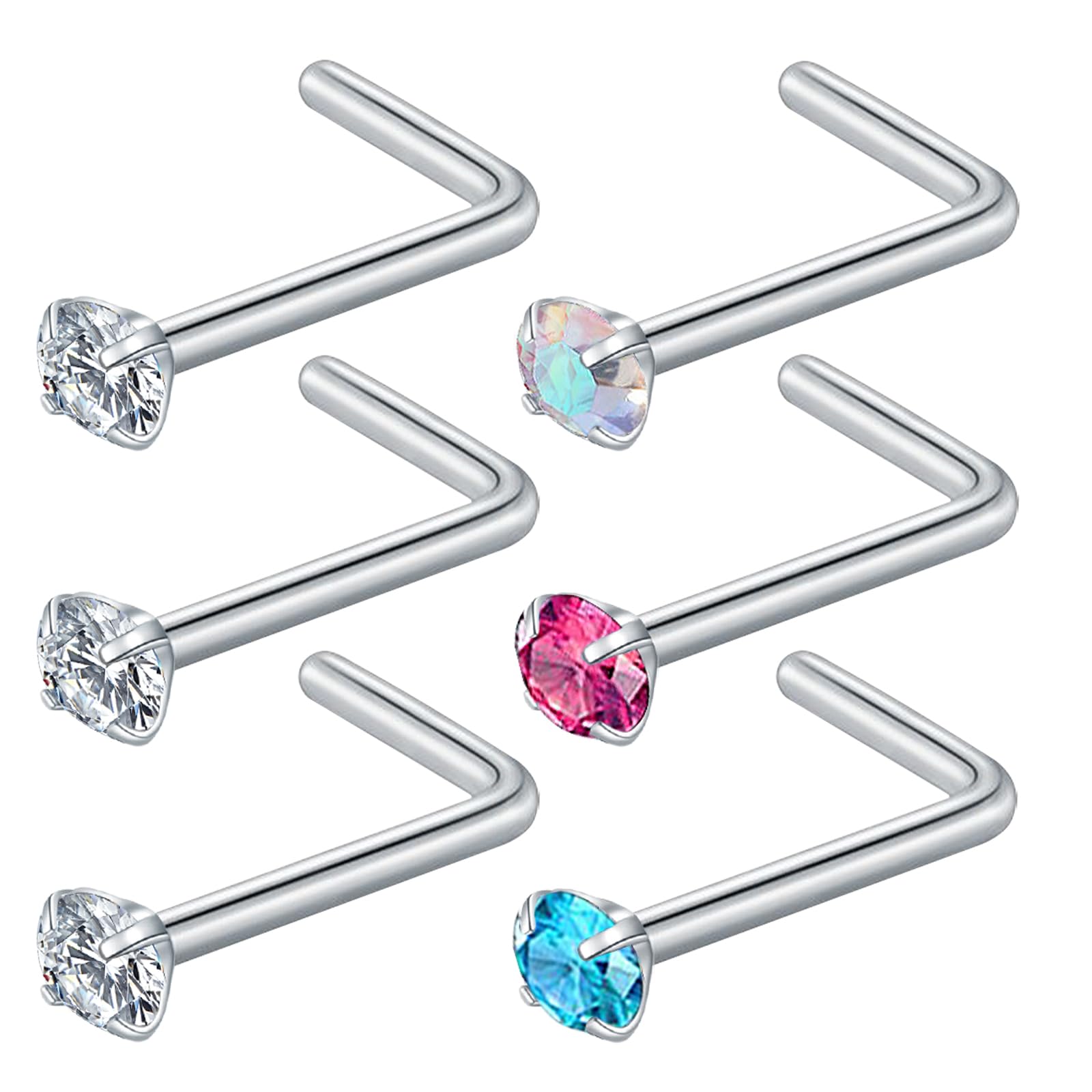 BLZ 20G 3mm Nose Studs for Women Men 6PCS L Shaped Nose Rings Surgical Stainless Steel 316L Nose Studs Hypoallergenic Nose Rings Studs Cubic Zirconia Nose Rings Nose Jewelry Nose Piercings Jewelry
