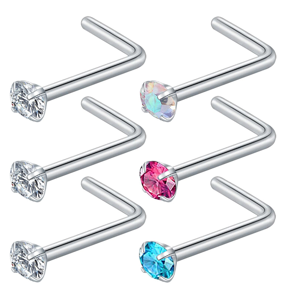 BLZ 20G 3mm Nose Studs for Women Men 6PCS L Shaped Nose Rings Surgical Stainless Steel 316L Nose Studs Hypoallergenic Nose Rings Studs Cubic Zirconia Nose Rings Nose Jewelry Nose Piercings Jewelry